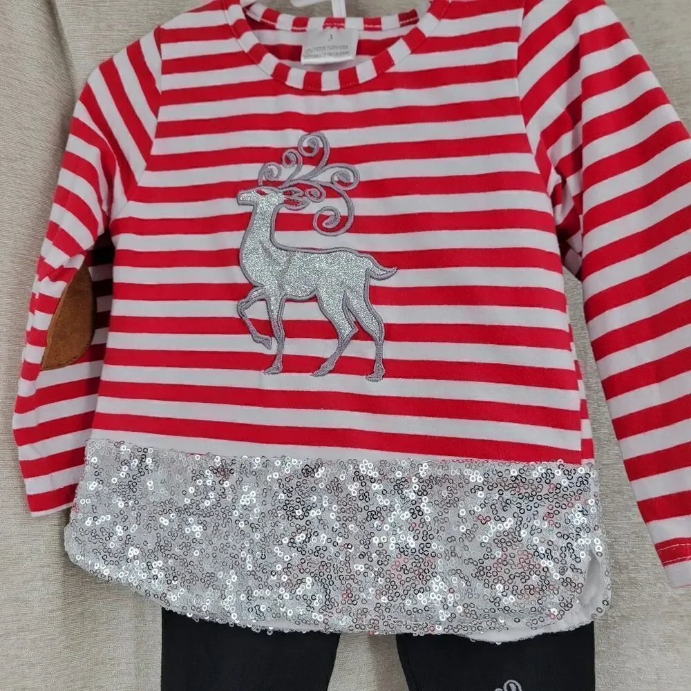 Christmas Girls Toddler 2T Matching Set Silver Reindeer Red White Stripes